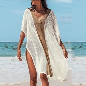 Cupshe Color Block Crochet Cover Up White tan | Womens Kaftans Size L